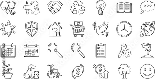 Charity and Social Responsibility Icons Set - Doodle Line Art