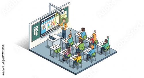 Isometric Classroom Scene with Students Learning from a Digital Screen.