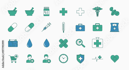 Medical Health Icons Set: Healthcare Symbols, Pharmacy, and First Aid Graphics