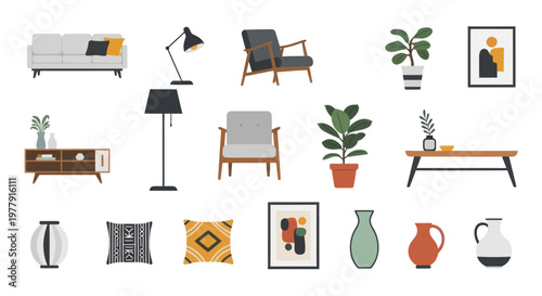 Modern Living Room Furniture and Decor Set: Sofa, Chairs, Plants, Art