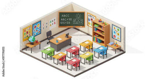 Isometric Classroom Illustration - A Vibrant Learning Environment with Desks and Blackboard.