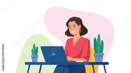 Cheerful woman focusing on her work while using a laptop computer at a tidy workstation