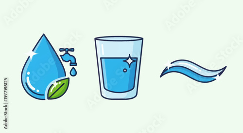 Clean Water Icons: Drop, Glass, Wave & Leaf - Healthy Hydration and Purity Concept