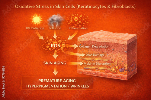 Oxidative stress in skin cells leads to skin aging, including premature aging, hyperpigmentation, and wrinkles due to UV radiation and pollution