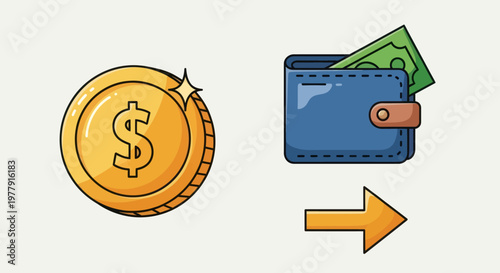 Money Transfer: Gold Coin with Dollar Symbol to Blue Wallet with Cash