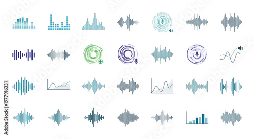 Collection of Diverse Audio Waveform Icons and Sound Visualizations