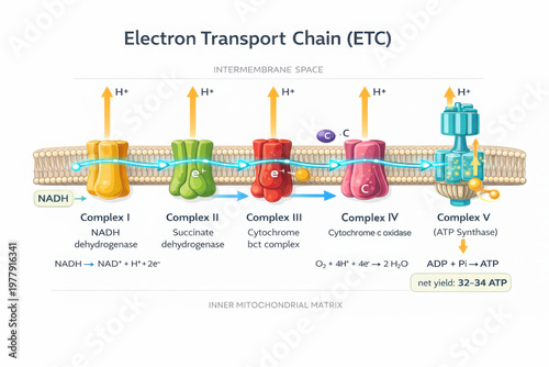 Electron transport chain diagram illustrates process of ATP production in cellular respiration, highlighting key complexes and electron flow