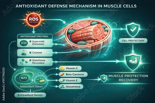 Antioxidant defense mechanism muscle cells illustrates how various enzymes and nutrients protect cells from free radicals, promoting recovery