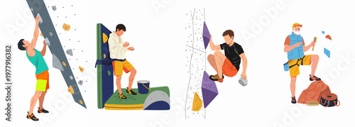 Collection of illustrations featuring men rock climbing on indoor bouldering walls, preparing with chalk, and a climbing instructor with equipment.