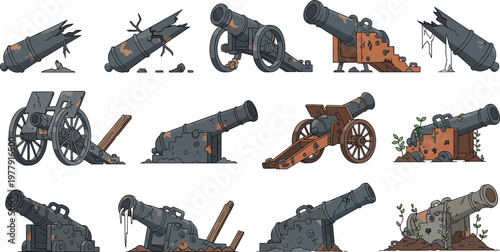 Damaged and Broken Cannon Artillery Icon Set with Rusty Military Weapons, Destroyed War Equipment, and Abandoned Battlefield Illustration Collection