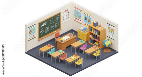 Isometric Classroom Scene - A Detailed View of Learning Environment with Desks and Blackboard.