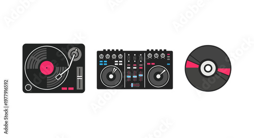 Dj Equipment Flat Illustration: Turntable, Mixer, CD