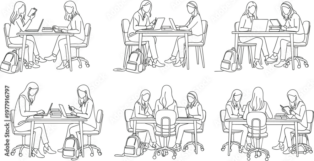 Obraz premium Female Students Studying Together Line Art Illustration Set with Laptop, Books, Study Table, and Classroom Learning Collaboration Scenes Collection