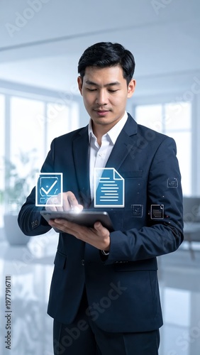 Asian businessman using tablet with digital document icons for business management and data analysis.
