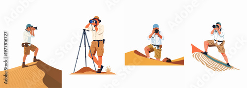 Flat illustration set of professional male photographers capturing images in a desert environment with sand dunes and professional camera gear.