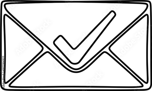 Mail envelope with approval tick mark single line drawing