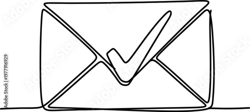 Mail envelope with approval tick mark single line drawing