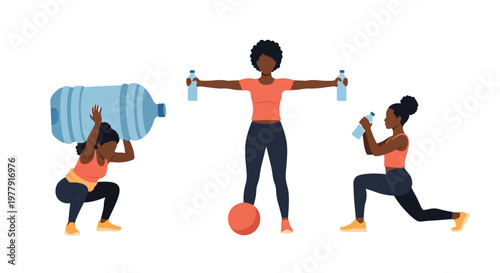 Fitness illustrations of diverse women engaging in strength training exercises with water bottles and weights in a modern vector graphic design