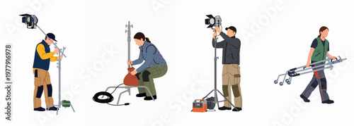 Vector illustration set of professional film crew members working with studio lighting equipment, including C-stands, sandbags, and portable power stations.