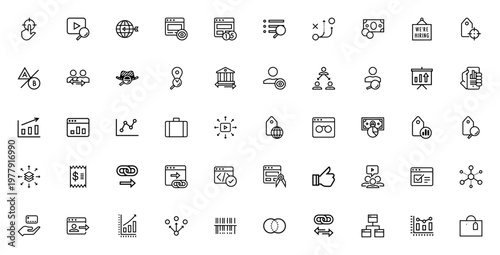 SEO marketing business finance icon set. Minimal vector icons pack. Includes symbols for analytics, browser, money, tag, video, network, profits, link and more. Editable stroke.