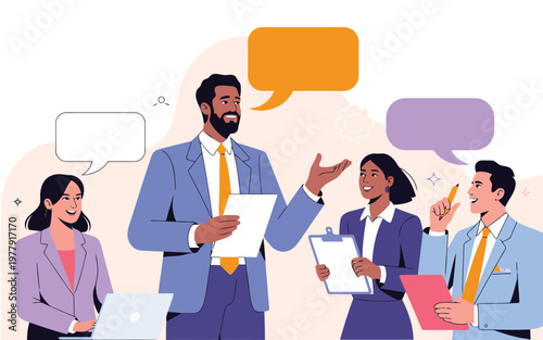 Diverse business team collaborating during an important meeting, sharing ideas with speech bubbles