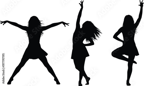 Woman silhouettes dancing in expressive poses isolated on white background, female movement energy performance concept vector collection