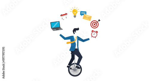 Businessman balancing multiple tasks on a unicycle with laptop and goals