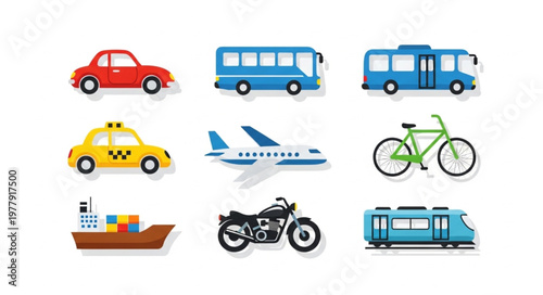 Collection of diverse transportation vehicles and modes of travel.