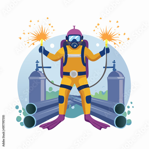 Underwater Industrial Diver in Diving Suit with Helmet, Performing Maintenance on Subsea Pipes and Structures, Deep Sea Engineering Illustration