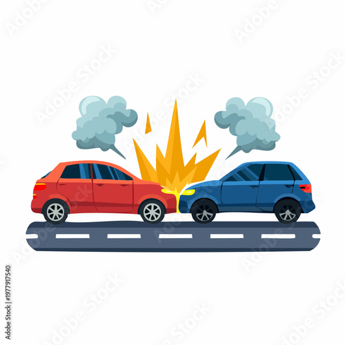 Two Cartoon Cars Colliding Head-On in Traffic Accident with Explosion and Smoke, Road Collision Illustration