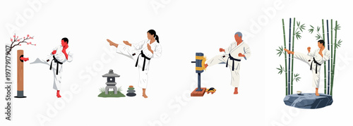 Set of illustrations showing diverse martial artists practicing karate techniques in traditional Japanese environments including bamboo forests and zen gardens.