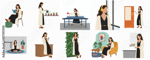 Minimalist Flat Illustration Set of Woman in Various Activity Lifestyle
