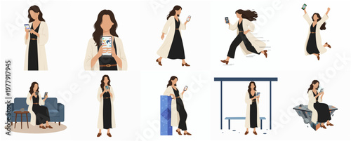 Minimalist Flat Woman using Smartphone Various Poses Illustration Set