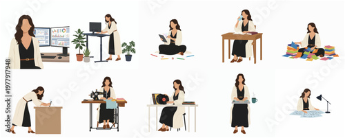 Stylish Flat Woman Engaged in Various Activities and Professions Illustration