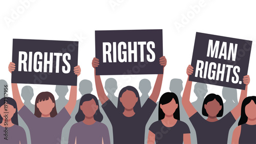 Diverse group of individuals actively protesting for human rights, holding up signs high in a rally