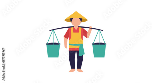 Asian man carrying buckets.