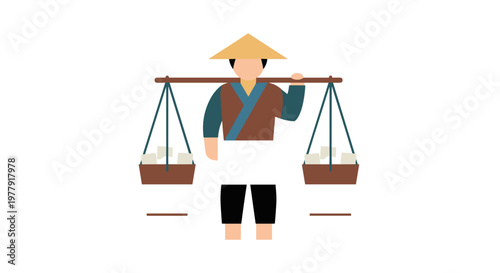 Asian man carrying baskets.