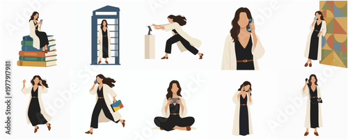 Flat Minimalist Woman Character in Different Poses and Situations Illustration