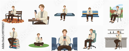 Minimalist Man Using Mobile Phone in Different Locations Illustration Set
