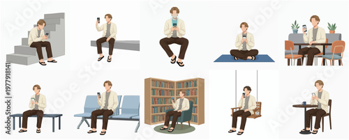 Illustrated Man Sitting in Different Poses While Using Mobile Phone Set