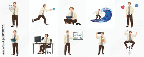 Flat Design Set of Digital Nomad Man Doing Various Online Activities