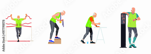 Active senior man character set participating in marathon stages including crossing finish line, receiving medal, hydrating, and monitoring time in flat vector style.