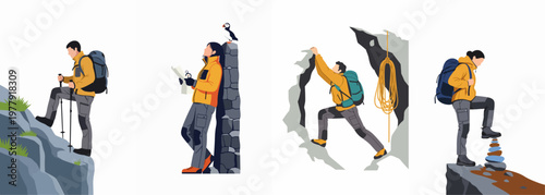 Set of four flat vector illustrations featuring hikers and climbers engaged in mountain adventure activities like trekking, navigating, and rock climbing.