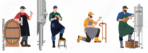 Flat vector illustration set of male brewers and cider makers working with equipment including barrels, fermentation tanks, and various quality testing tools.