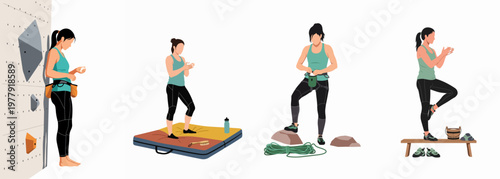 Illustration set of a female climber preparing for rock climbing and bouldering, featuring training gear, chalking hands, and indoor climbing wall activities.