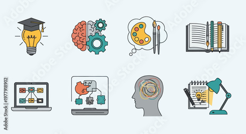 Education and Creativity Icons: Brainstorming, Learning, Ideas, Design, and Innovation