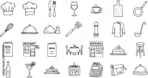 Hand-drawn restaurant and kitchen icons set: chef hats, utensils, food, menus, and dining items