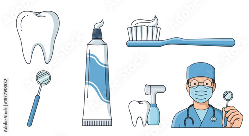 Dental Care Icons: Tooth, Toothbrush, Toothpaste, Dentist, Mirror & Equipment