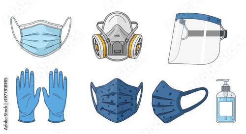 Personal Protective Equipment Set: Masks, Gloves, Face Shield, Respirator, Sanitizer