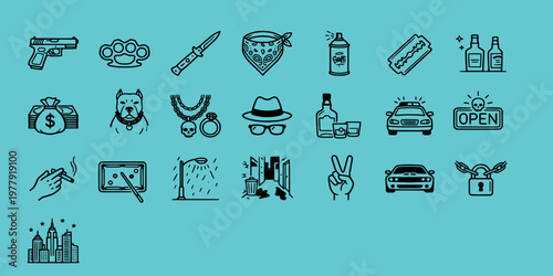 icon sheet collection of urban street life elements featuring weapons, money, alcohol, police cars, and city landmarks in clean black line art.